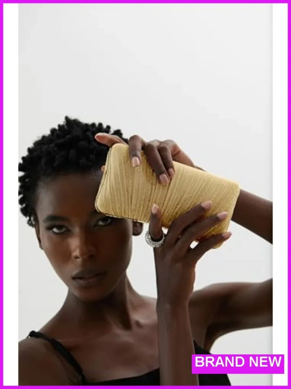 Womens Golden Glitter Clutch Purse Pleated Evening Bag with Rhinestone Ring